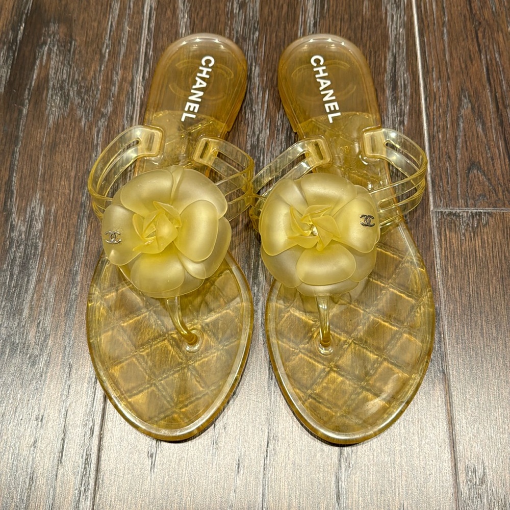 CHANEL Yellow Sandals with Floral Accent